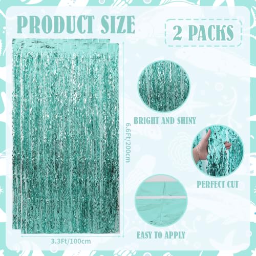 Image of TONIFUL 2Pcs Wavy Mint Green Metallic Tinsel Foil Fringe Curtain Streamer