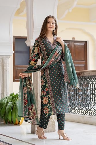 Image of MEERA FAB Women's Cotton Blend Straight Printed Kurta with Palazzo & Dupatta