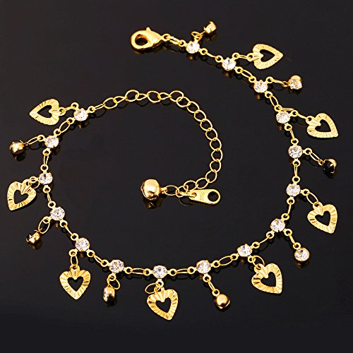 U7 Heart Charm Anklets 18K Gold Plated White Rhinestone Foot Bracelet Jewelry For Women, 8.5"+2" Extender #TOP3