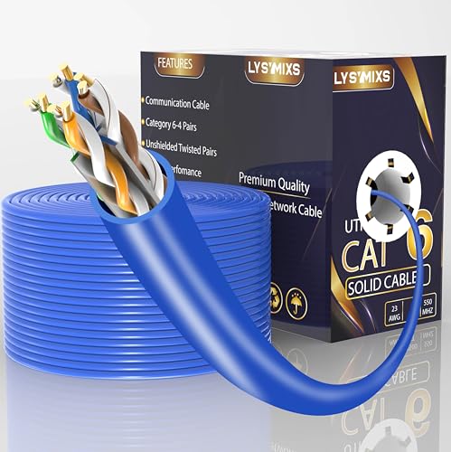 Lysymixs Cat6 Ethernet Cable 500FT Channel Test Pass, Cat6 500ft Ethernet Cable 23AWG Solid CCA, Cat6 Cable 550MHZ 10G with Easy Pull Box Blue
