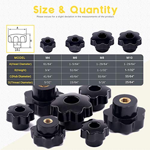 Mardatt Thru Hole Star Knobs Nuts Assortment Black Plastic Handle Clamping Knobs Brass Female Thread (Assorted Sizes x 32pcs) - Image 2