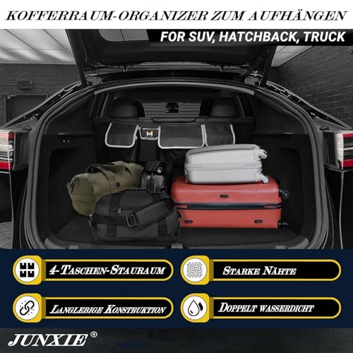 JUXINE Kofferraum Organizer Auto,Rücksitz Kofferraumtasche Aufbewahrungsbox,Kofferraum-Organizer aus Oxford-Stoff, faltbar, wasserdicht, mit 4 Taschen