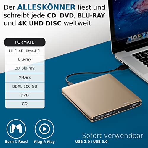 techPulse120 portables USB 3.0 4K UHD 3D M-Disc BDXL HDR10 Laufwerk Blu-ray Brenner Burner Superdrive Ultra-Slim BD DVD CD für Netbook Notebook Ultrabook Windows Mac OS Apple iMAC MacBook Alu Gold – Bild 3