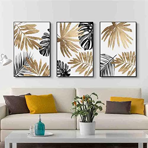 Toile or palmier et feuille tropicale triptyque mural de salon chic nordique 60x90 cm