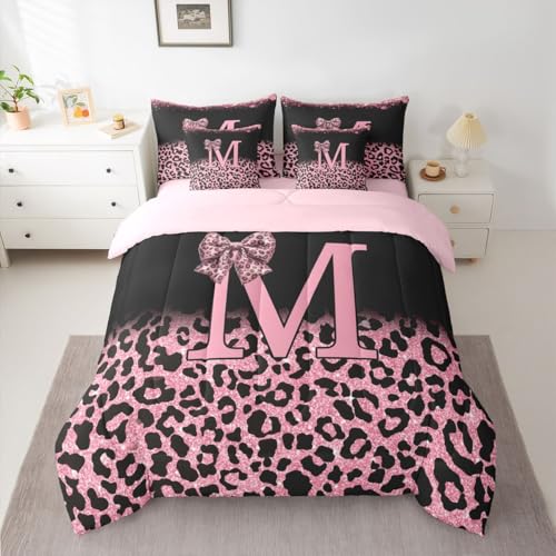Image of Feelyou Bow Initial Letter M Full Comforter Set with Sheets for Kids Boys Girls Glitter Leopard Print 7 Pieces Bedding Set Girly Bow Bed in a Bag Room Decor Soft Lightweight Microfiber
