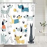 Riyidecor Cute Dogs Shower Curtain 60Wx72H Inch Funny Lovely Cartoon Animal Paw Print Bones Childish Puppy Pets for Kids Girl Boy Bathroom Decor Fabric Polyester Waterproof 12 Pack Hooks