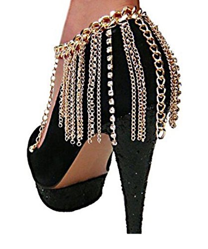 JOTW 2 Pieces of Goldtone Adjustable Heel Chain with Multiple Iced Out Tassels and Links