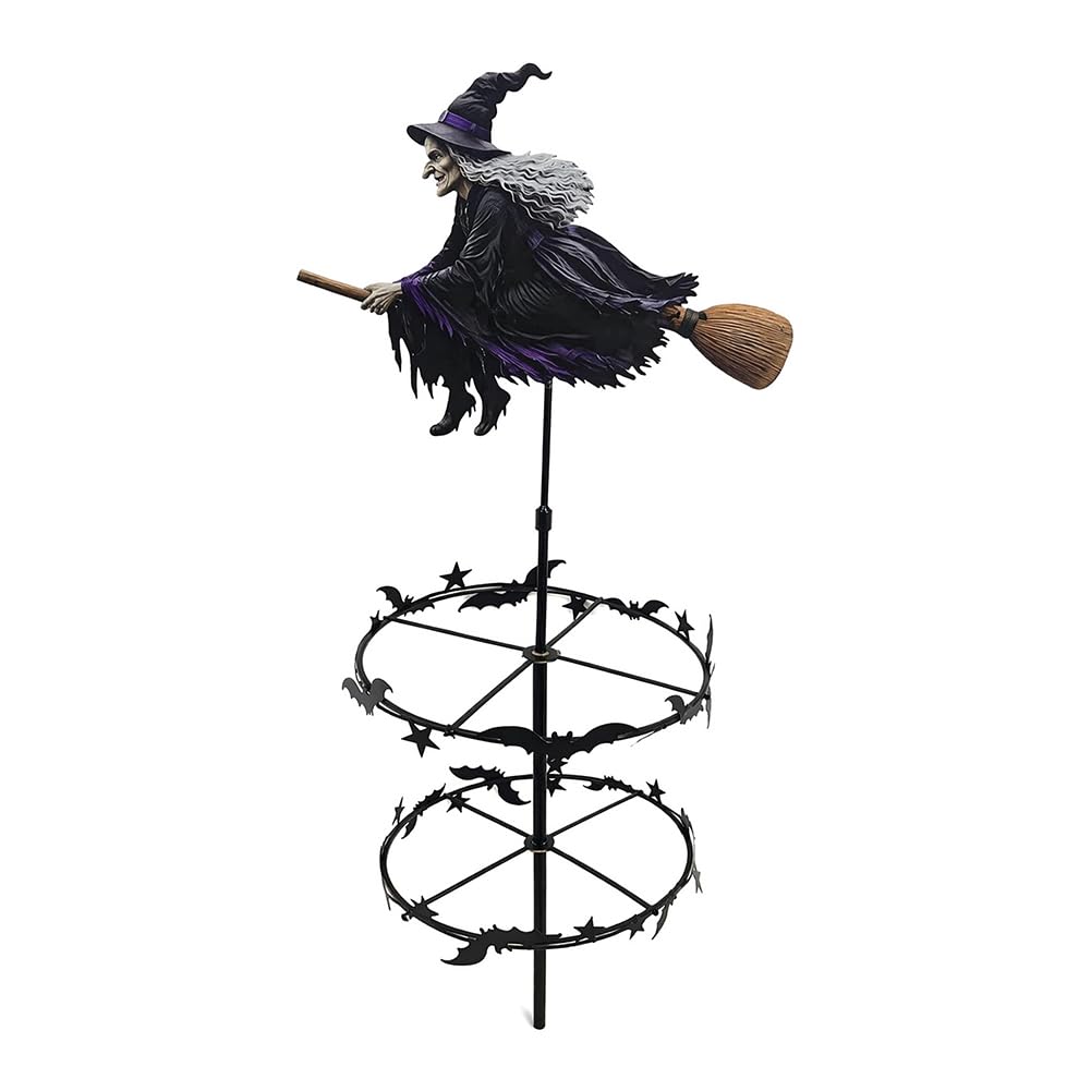 Weatherproof Metal Witch Wind Spinner Stake 2D Flat Halloween Yard Art Pati