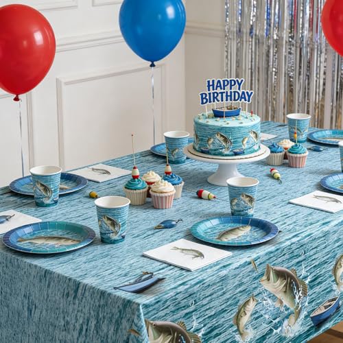 Image of QIYANPAX 4 Pack Fish Tablecloths, Fishing Birthday Party Decorations, Gone Fishing Plastic Tablecloths for Bass Ofishally One Birthday Decorations, 54 inch x 108 inch