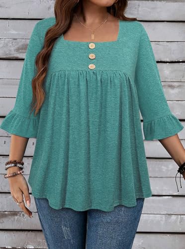 Plus Size Womens Blouses 3/4 Flutter Sleeve Square Neck Tunic Shirts Button Business Work Fall Tops 2025(XL-5XL)