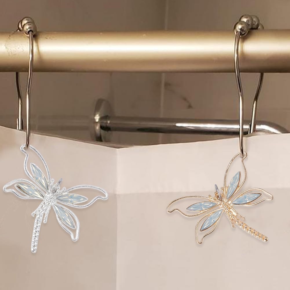 12 Pcs Dragonfly Shower Curtain Hooks，2 Colors Iron Shower Curtain Rings with Alloy Dragonfly Pendants Decorative Hooks for Bathroom Shower Curtain Rod