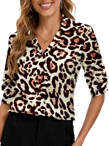 Image of Premium Soft Breathable Stretch Satin Silk Button Down Shirts for Women Long Sleeve Leopard Blouses Work Dress Tops