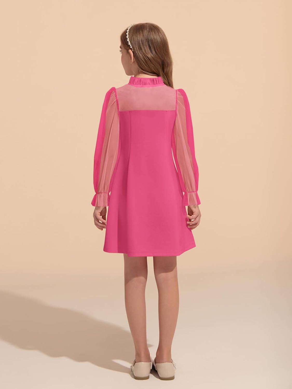 Haloumoning Girls Dresses Contrast Mesh Puff Long Sleeve Dress Kids High Waist A Line Wedding Party Dress 5-14Y - Image 5