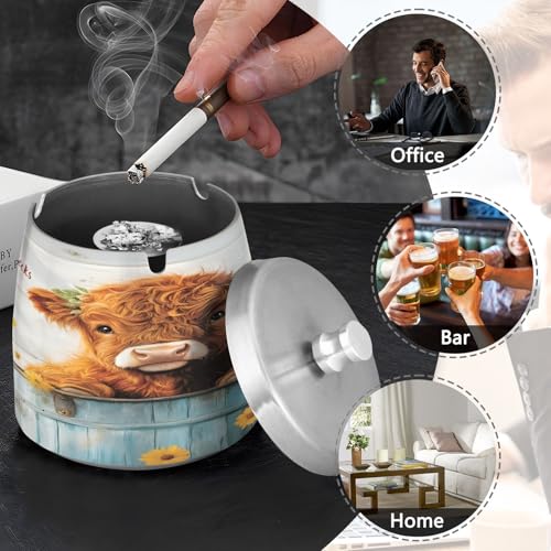 Cute Highland Cow Daisies Ashtray with Lid, Outdoor Ashtrays for Patio, Stainless Steel Ashtray Odorless Smokeless for Home Office Balcony by ALAZA - Image 3