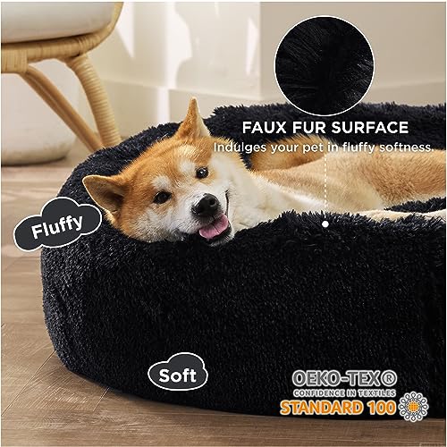 Image of Bedsure Calming Dog Bed for Medium Dogs - Donut Washable Medium Pet Bed, 30 inches Anti-Slip Round Fluffy Plush Faux Fur Cat Bed, Fits up to 45 lbs Pets, Black