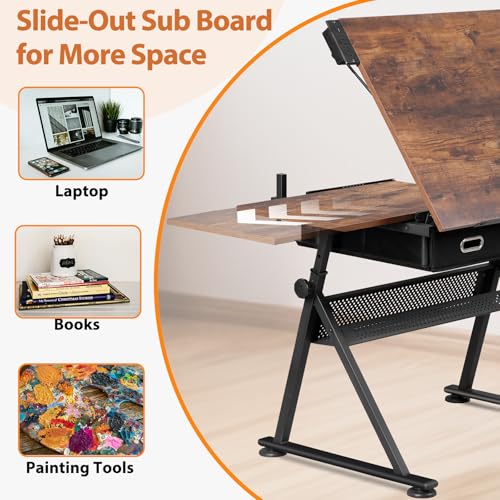 SUPER DEAL Drafting Table Set with Charging Station, Height Adjustable Tilting Drawing Desk Artist Desk with Stool Multifunctional Art Craft Workstation with 2 Storage Drawers for Home Office School - Image 5
