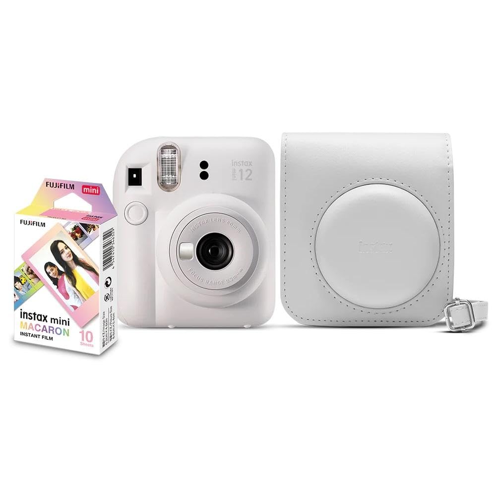 Kit Câmera Instax Mini 12 com pack 10 fotos Macaron e Bolsa Branco