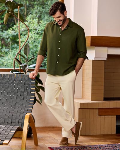 Kallspin Men's Linen Cotton Button Down Shirt Long Sleeve Casual Lightweight Breathable Summer Beach Shirt2