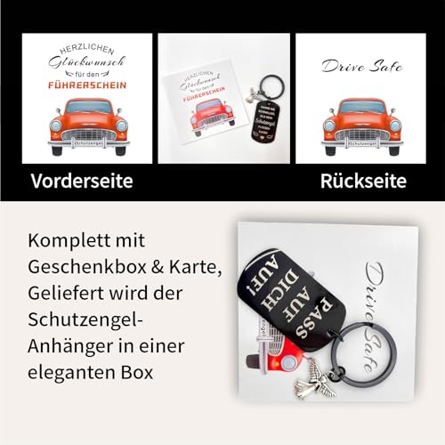 YDUNARISE Führerschein Bestanden Geschenk,Auto Schlüsselanhänger Schutzengel,“Fahre nie schneller, als dein Schutzengel fliegen kann! mit schöner Karte und Geschenkbox (A, Schwarz)
