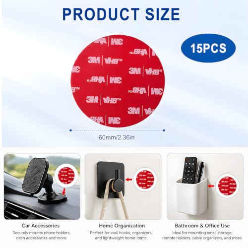 Image of 15 Pcs Double Side Tape Heavy Duty Round Adhesive Pads, Double Tape for Car Dashboard, Reusable Mounting Stickers for Dash Cam, Camera & Home Use, Strong Double Sided Adhesive Discs(2.36 Inch)