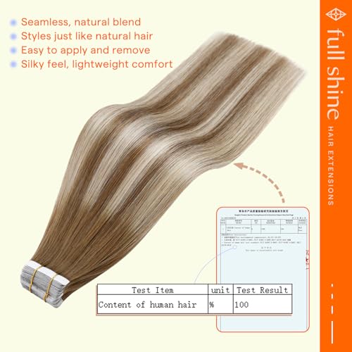 Image of Full Shine Human Hair Tape in Extensions, 12 Inch Brown Caramel Blonde | 30g 20PCS, Double Sided Tape in Hair Extensions, Remy Seamless, Soft Comfortable Bridal Occasion Easy Application