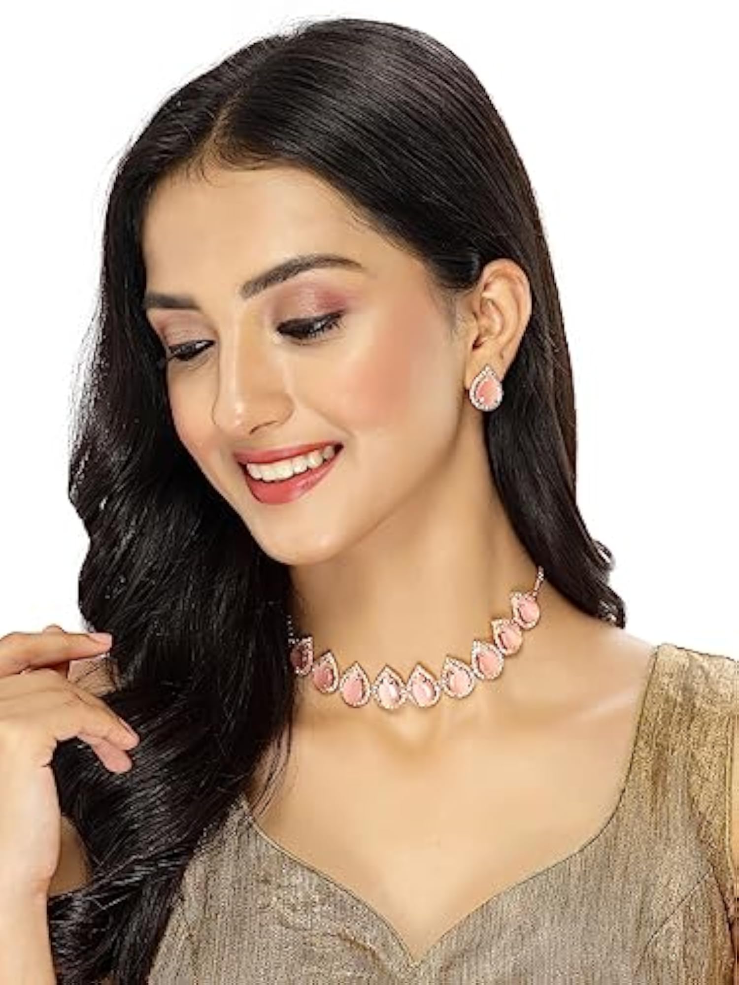 Gold-Plated AD Stones Necklace Set With Earrings