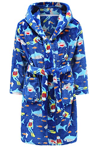 Kids Bathrobes for Girls Boys,Baby Toddler Robe Hooded Flannel Bathrobe Pajamas Sleepwear for Girls Boys (Blue Shark, US 7-8T/Height 55.0