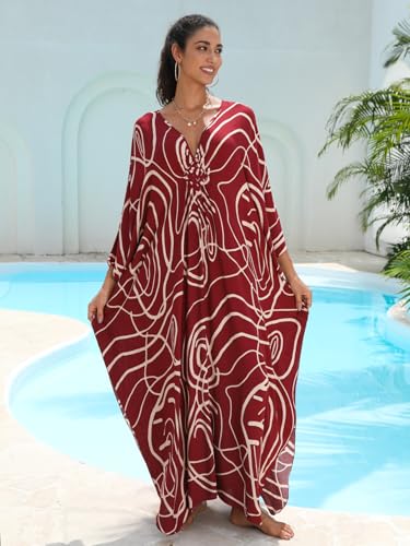 Image of IMAGEKOPE Women's Plus Size Animal Print V-Neck Batwing Kaftan Beach Dress Bathing Suit Cover-Up Loungewear