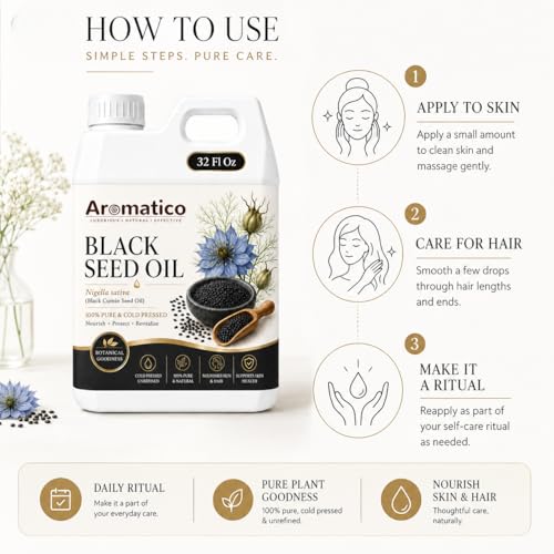 Image of AROMATICO Kalonji Black Seed Oil for Hair, Skin and Body, Multipurpose Carrier Oil for Scalp Massage, Hair Oiling and Daily Beauty Care - 946 ml