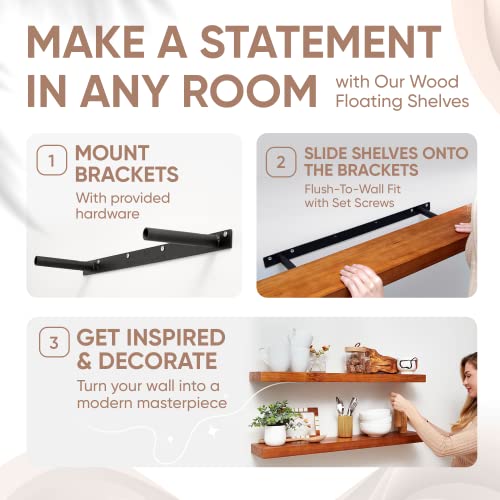 Homeforia Rustic Farmhouse Floating Shelves - Bathroom Wooden Shelves For Wall Mounted - Thick Industrial Kitchen Wood Shelf - 36 X 6.5 X 1.75 Inch - Set Of 2 - Honey Oak Color #TOP4