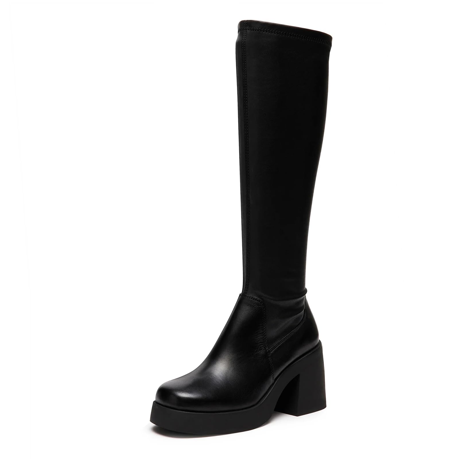 Knee High Boots for Women Square Toe Platform Stretch Side Zipper Chunky Block Low Heel Comfortable Dressy