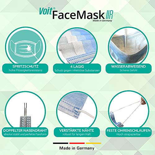 VOIT - Medizinische Gesichtsmaske Typ IIR EN 14683, 4-lagig, Einweg-Mundschutz, OP-Maske mit Ohrenschlaufen, atmungsaktiv, Made in Germany, 50 Stück