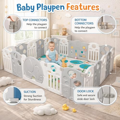 Image of 20 panel Playpen for Babies upto 5 year with Mat and Balls Foldable Baby Play Area Indoor Setup Play Yard Fence for Toddlers Kids Playarea Setup Outdoor Children Play Pen with Gate Baby Playpen (7* 6 ft=42 SQFT, Grey)