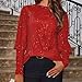 Women's Long Sleeve Sequin Tops Dressy Sparkle Glitter Crewneck Blouse Sexy Cocktail Party Shirts Y2k Clubwear Dark Red