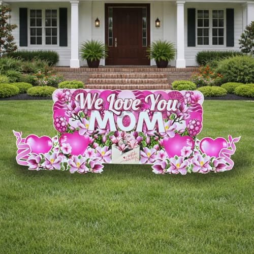 VictoryStore Mother's Day Oversized EZ Yard Cards, 36x72 Inches We Love You Mom Sign, Waterproof Corrugated Plastic, Includes Stakes (Pink)