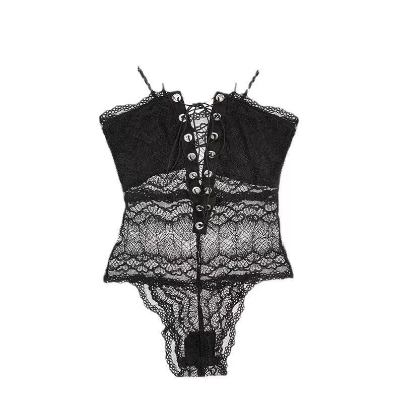 Lace Corset Bodysuit Black Floral Pattern Lace-up Front