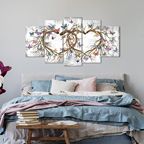 Ryounoart 5 Piece Butterfly Canvas Wall Art Large Heart Shaped Branch Painting Pictures Romantic Love Arkwork Prints For Girl Living Room Bedroom Decoration Framed Ready To Hang #TOP4