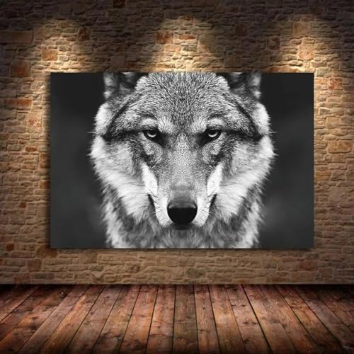 Toile murale loup 50x70 cm avec cadre impression animaux sauvages noir et blanc