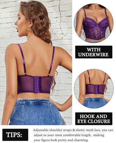 Avidlove Lace Bralette for Women V Neck Lingerie Camisoles with Underwired Racerback Adjustable Strap Crop Top Purple2