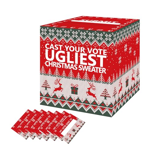 sunepany Christmas Ugly Sweater Game Box Ugly Sweater Contest Ballot Box with Slot Raffle Boxes Ugly Sweater Voting Box with 50 Pcs Voting Cards for Ugly Sweater Party Games Decorations