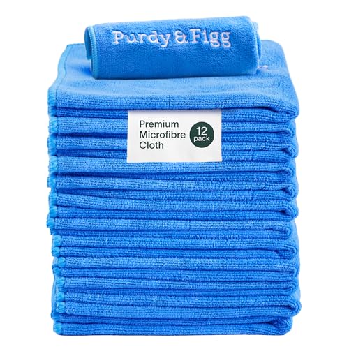 Purdy & Figg | Microfiber Cleaning Cloth| Super Soft, Streak-Free Multipurpose Polishing Cloth| Lint-Free, Scratch-Resistant, Super Absorbent & Reusable | Home & Kitchen | Pack of 12 | Blue