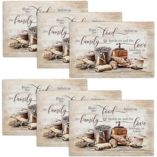 Christian Coffee Placemats Set of 6, Bless The Food Before Us Place Mats, Religious Table Mats for Kitchen Dining Table Kitchen Decor Linen 12x18 Inch