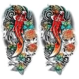 Oottati 2 Sheets Arm Thigh Waterproof Temporary Tattoo Stickers Wave Flower Lotus Koi Carp Fish