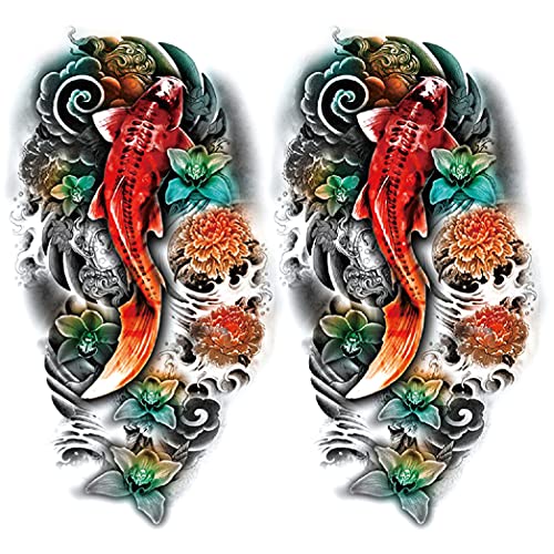 Oottati 2 Sheets Arm Thigh Waterproof Temporary Tattoo Stickers Wave Flower Lotus Koi Carp Fish