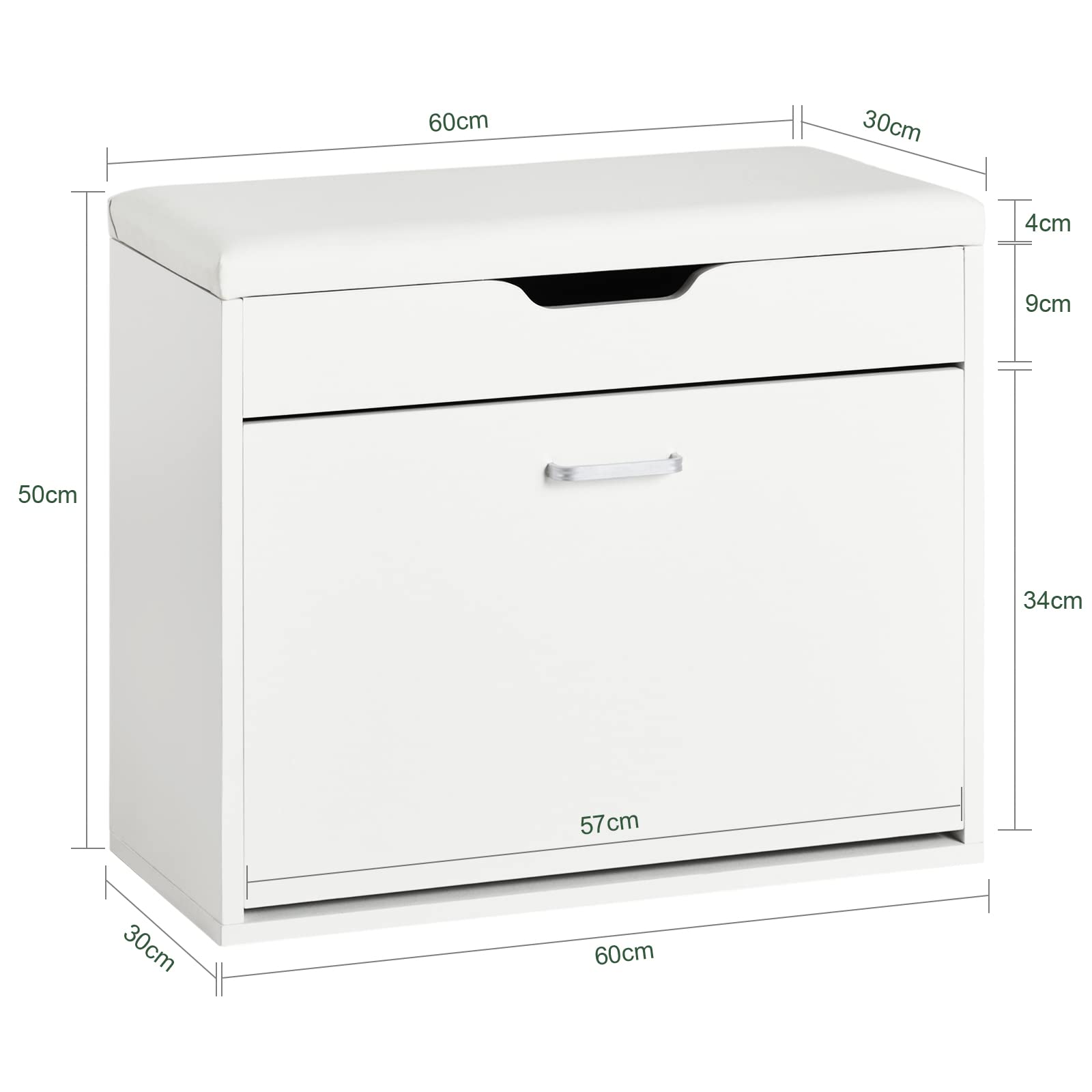 SoBuy Banco Zapatero con Solapa 60x30x50cm para recibidor | Mueble estrecho con asiento acolchado y almacenaje oculto, carga 150kg, blanco FSR95-W