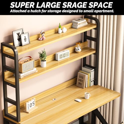 Nowoczesne biurko gamingowe z Hutch 99 cm stylowe biurko komputerowe z 3 poziomowymi półkami do przechowywania, idealne do laptopa i gier komputerowych, pisania i nauki, brązowe i białe wykończenie