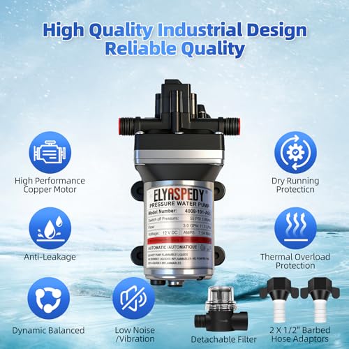 Image of 2026 Upgraded 4008-101-A65 RV Fresh Water Pump, 12 V DC 3.0 GPM Self-Priming Diaphragm Water Pump, 180 GPH, 11.3 LPM, 55 PSI,Includes Pressure Switch and Detachable Filters,No Noise, for RV, Marine