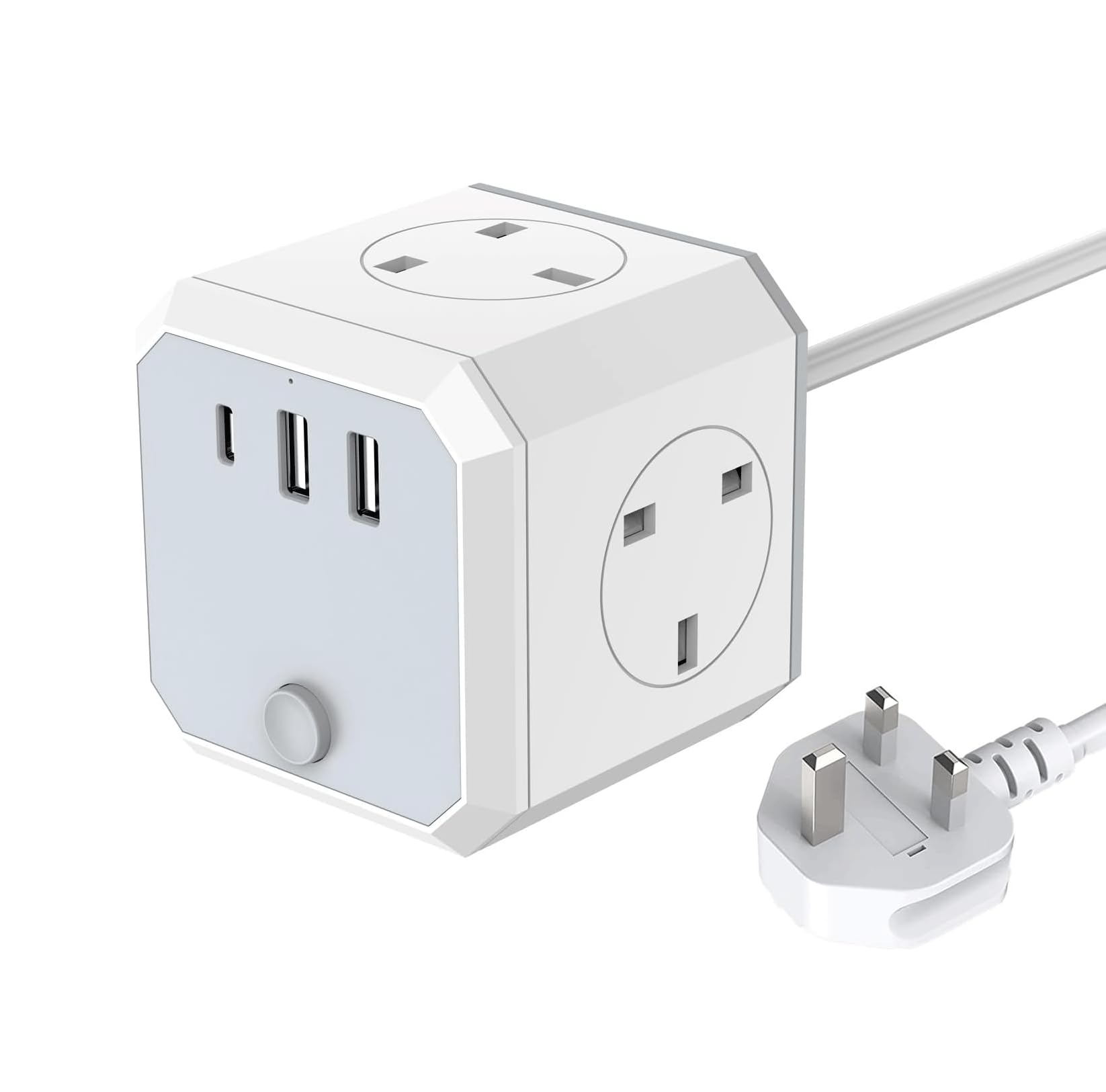 Power Extension Cable with USB Plug, 1.8m Multi Plug Extension, 7-in-1 Cube Socket Extension with 2 USB +1Type C Ports (5V/3A), 13A/3250W 4 Way Desk Extension Cable Socket for Home Dorm Office Travel