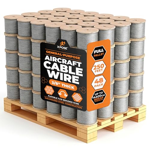 Image of Xpose Safety 3 /8 inch Galvanized Steel Aircraft Cable Wire - Pack of 48, 250 ft Reel, 7x19 Strand, 14,400 lb Break Strength - for Pulley System, Winch, Marine, Deck Railing, Fencing, Zipline