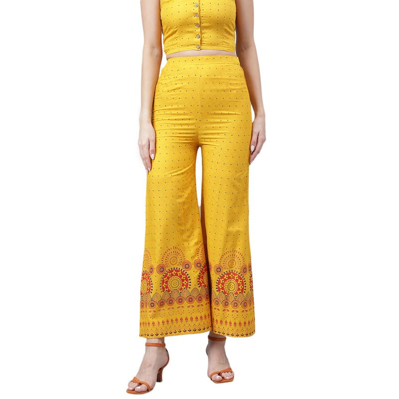 Image of Women's Boho Sleeveless Yellow Crop Top and Wide-Leg Pant Set with Intricate Border Print for Party Birthday | Western Dress for Women